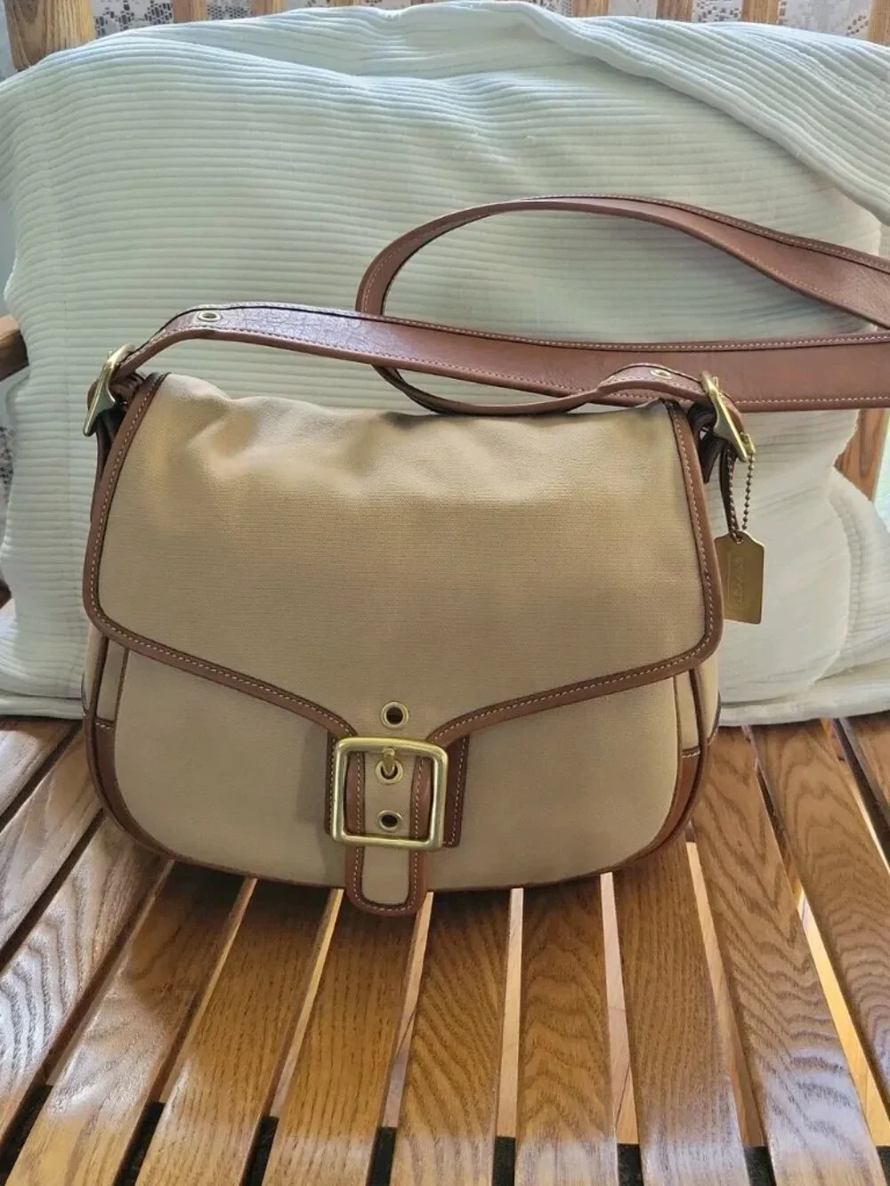 Vintage Coach Khaki Canvas Brown Leather Flap Saddle Bag Crossbody